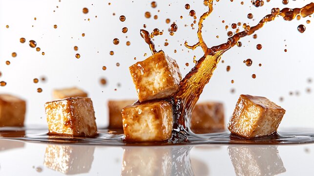 Sweet soy glaze splashing onto crispy tofu cubes, its reflective finish adding a sophisticated touch, isolated on white background,