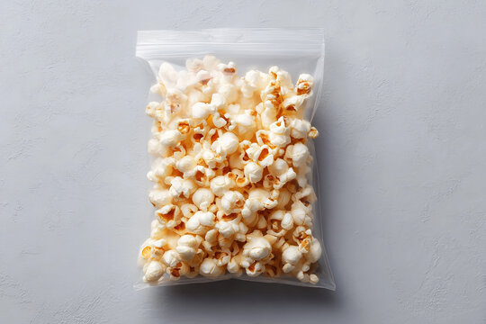 Bag of popcorn ready to eat. Enjoy a treat of fresh popped corn from the bag on a textured gray background.