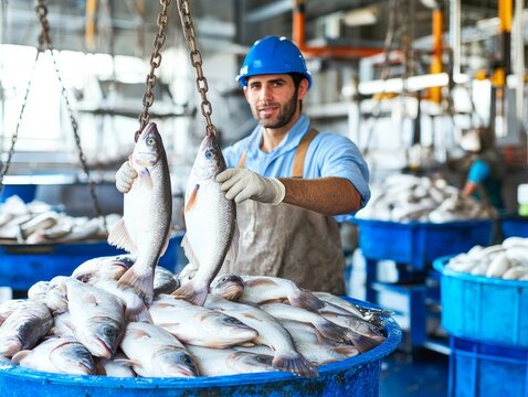 selective focus seafood processor weighing and logging fish