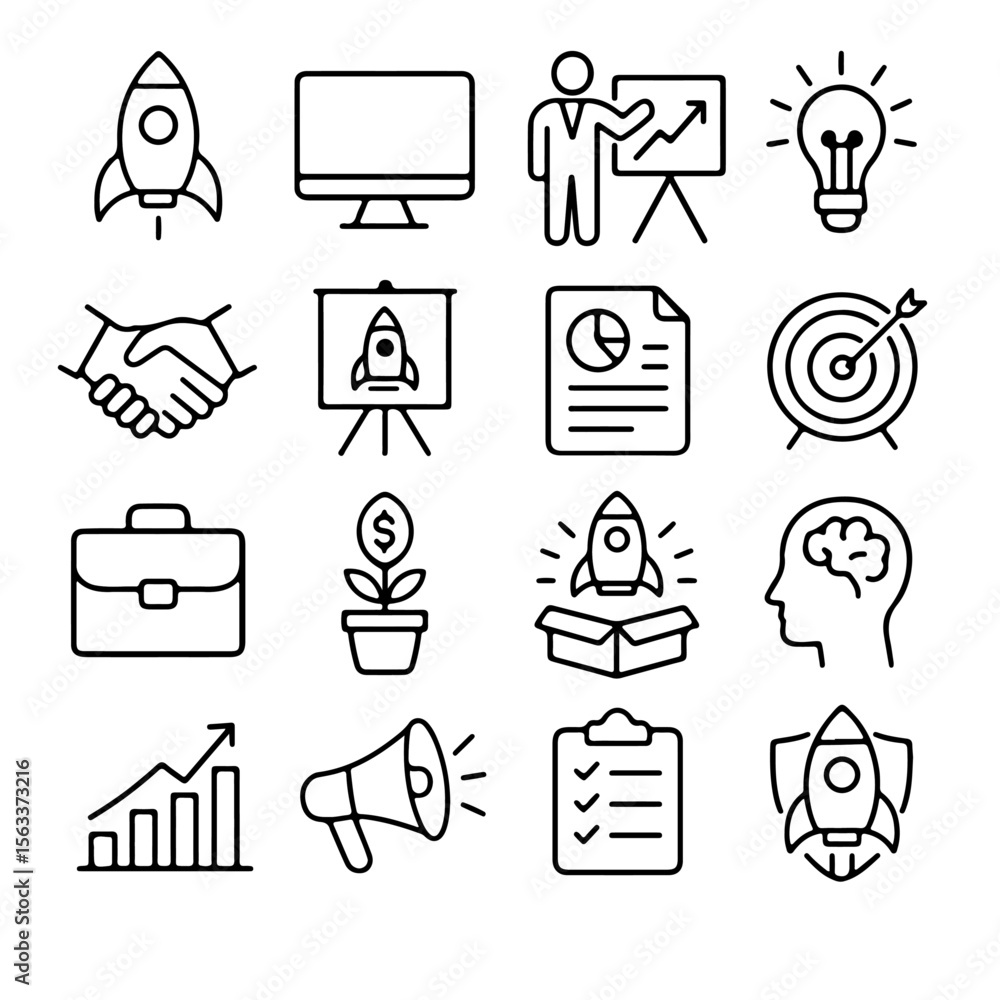 Poster a creative collection of business icons for growth and success, meticulously crafted in a modern lin