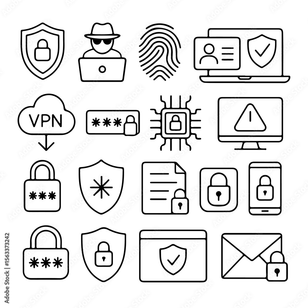 Poster an intricate illustration featuring an array of security symbols and icons, meticulously designed to
