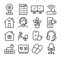 Outline icons depict a contemporary workspace setup for a remote worker.
