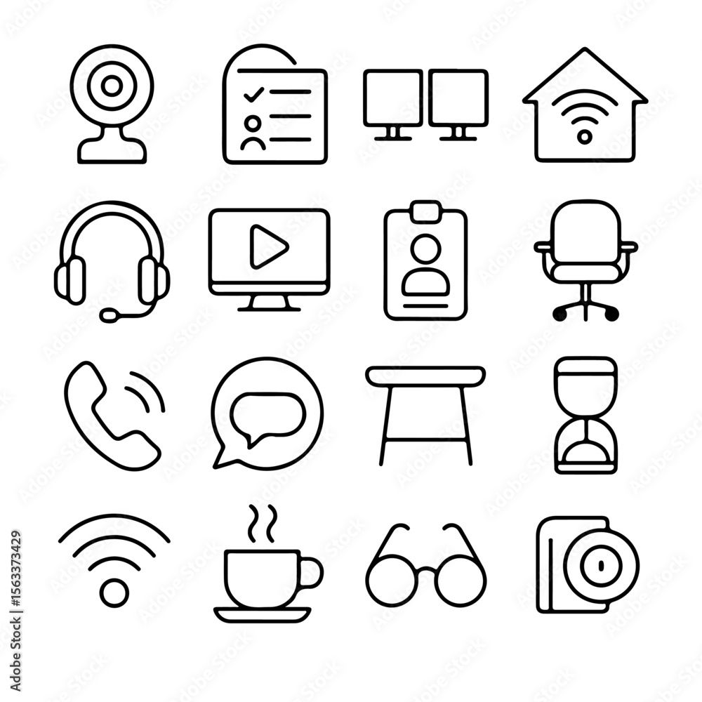 Poster a comprehensive array of modern office essentials and technological tools, designed with clean lines
