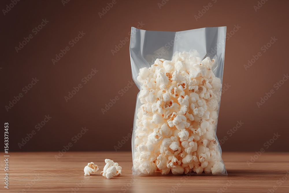 Aufkleber a bag of freshly popped popcorn displayed on a polished wooden surface with a smooth brown backdrop,