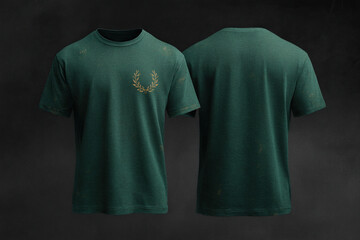 Green t-shirt mockup showcasing front and back views, ideal for apparel design presentation, featuring a detailed laurel wreath design.