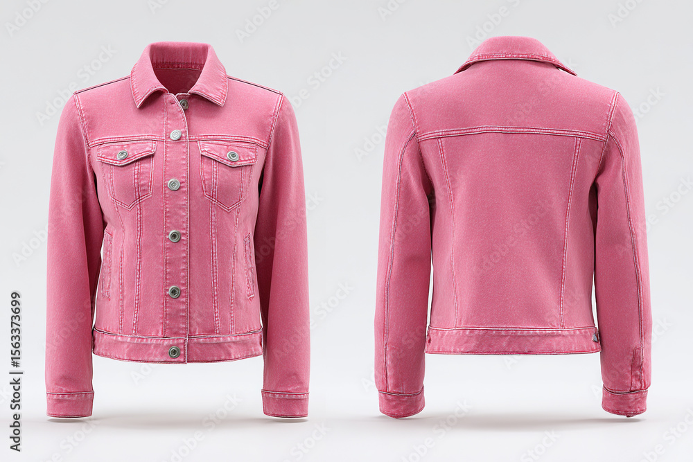Poster a pink denim jacket with silver buttons on a white background shown in a front and back view. classi