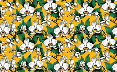 Bright seamless pattern with blooming orchids on bright yellow background for textile, fabric prints, web design and digital projects