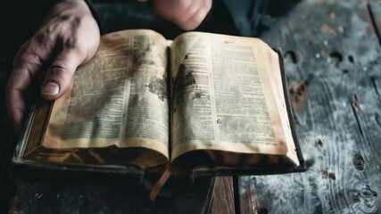 An old book with tattered pages lies on a wooden table. Ideal for topics related to history, literature and antiques.
