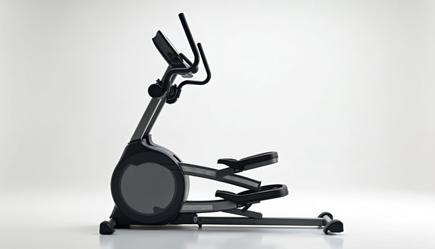 Modern elliptical machine with digital controls isolated on white background. Exercise equipment for home gym workouts, cardio training, fitness. Electronic display, workout, body health. Healthy