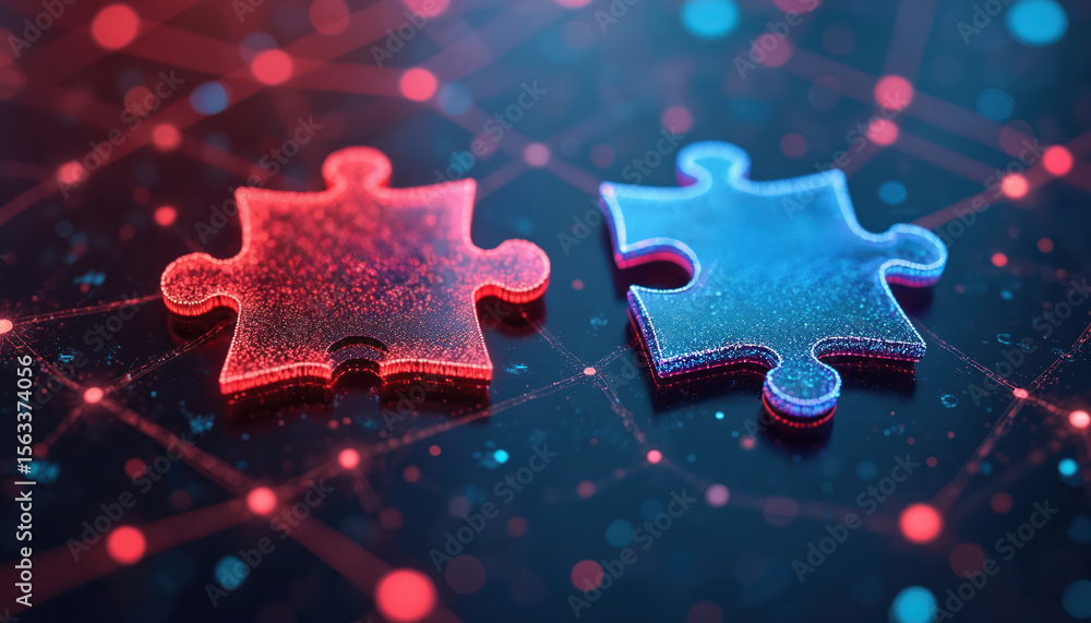 Poster digital art of api integration concept. two puzzle pieces interlock against futuristic abstract tech