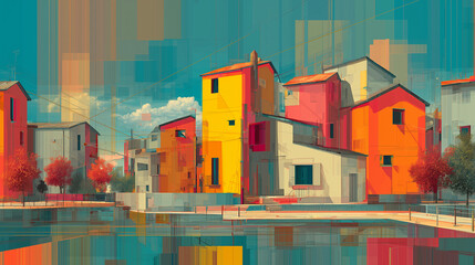 Modern digital homes connected by technology in a vibrant, abstract landscape.