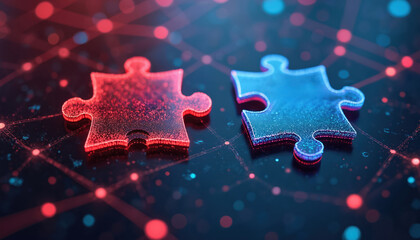 Digital art of API integration concept. Two puzzle pieces interlock against futuristic abstract tech-inspired background connectivity, AI. Data exchange, digital transformation, system, network