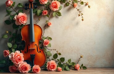 Elegant violin framed by delicate floral arrangement of pink roses, green leaves against neutral background. Romantic aesthetic for music, design projects, wedding invitations, celebrations,