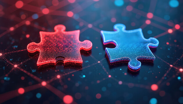 Digital art of API integration concept. Two puzzle pieces interlock against futuristic abstract tech-inspired background connectivity, AI. Data exchange, digital transformation, system, network