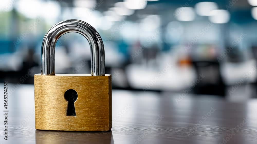 Poster security measures highlighted by a close-up shot of a sturdy padlock in an office environment with b