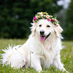 Adorable white retriever, with illustrated AI flower wreath on head. Dog, sitting in garden in grass. Green bushes background.