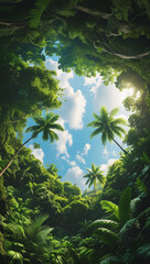 AI image illustration of a Worm&rsquo;s-eye view of a dense tropical forest canopy with rich, green foliage forming a natural border around a bright and partially cloudy sky