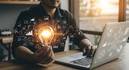 Sunlit study A man holding a luminous lightbulb sparking idea over a laptop graphic data floats in air wooden desk