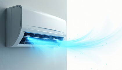 Modern white air conditioner emits cool blue breeze. Fresh air flow, creating wave effect. Ideal for comfort, purification. Ventilation system technology creates perfect microclimate for home, office.