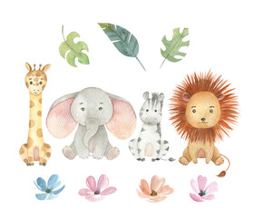Fototapeta premium African animal collection. Watercolor isolated with lion, elephant, zebra, lion and leaves on white background
