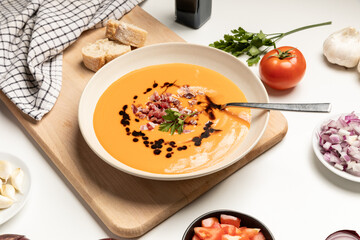 Cold tomato soup, salmorejo, served with iberico jam.