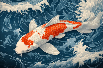 Vibrant Koi Fish Swimming in Dynamic Waves - Japanese Art Style