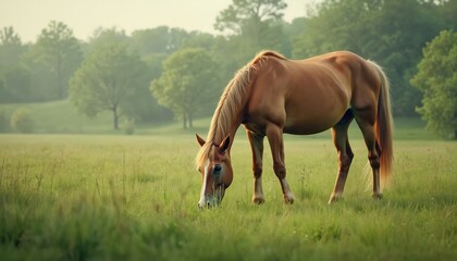Fototapeta premium Horse grazes peacefully in rich green meadow. Nature scene serene environment, calm atmosphere. Sunlight filters through trees creating sense of tranquility. Idyllic landscape, perfect for eco,