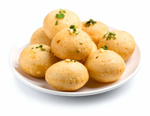 Golden fried savory snacks on a pristine white plate, garnished with fresh herbs and garlic.