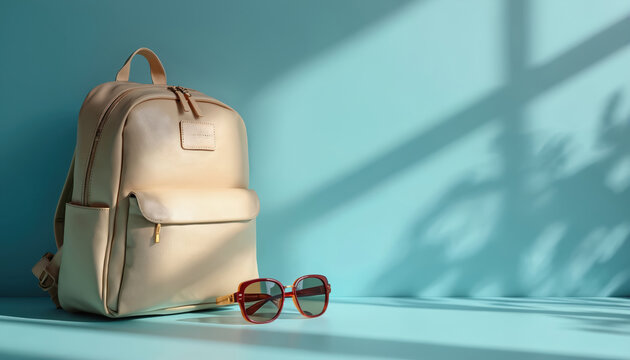 Beige backpack next to sunglasses against blue background. Stylish daypack for school, travel or urban adventures. Modern accessory for women, men. Summer vacation, travel lifestyle.
