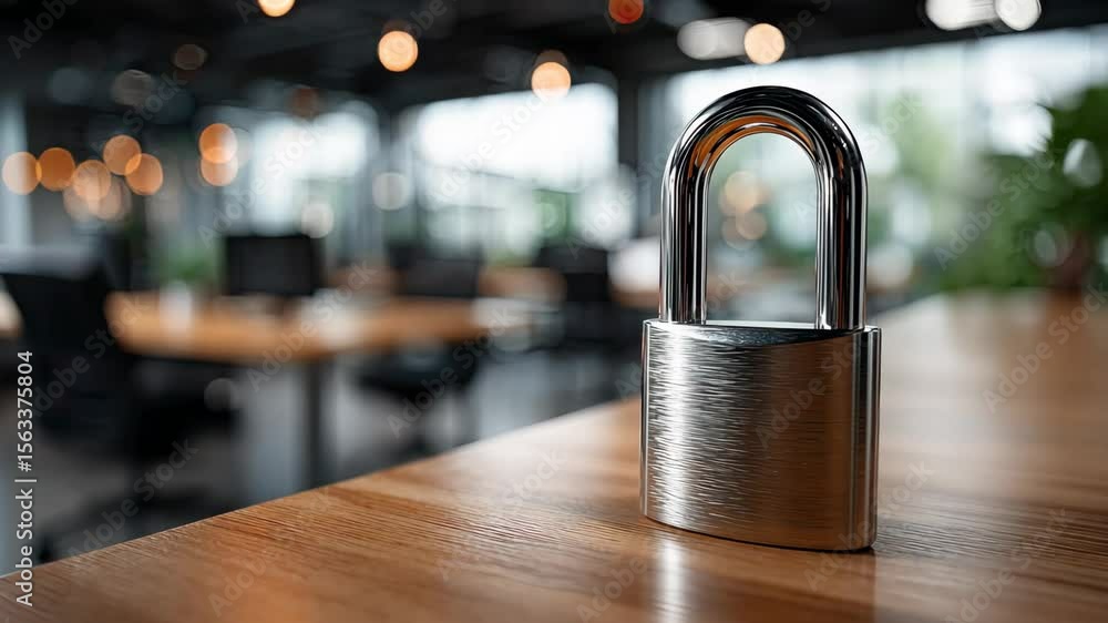 Poster lock placed on a wooden surface in a modern office setting with blurred background of workstations d