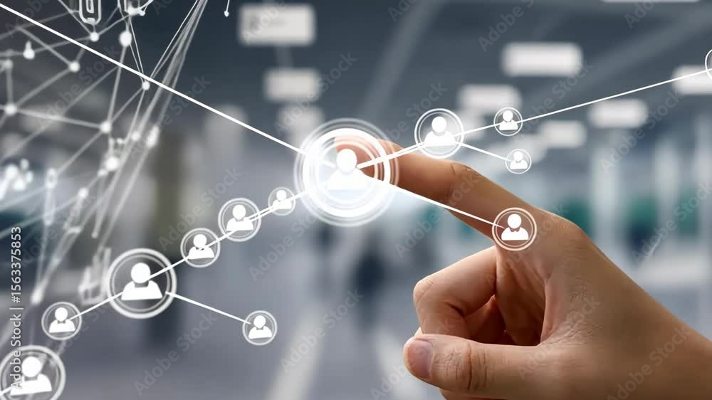 Poster user interacts with digital interface displaying technology connections in a modern workspace settin