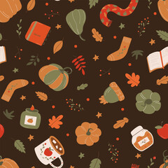 Vector cozy pattern with pumpkins, cup, scarf, book and leaves. Autumn pattern. Cozy autumn