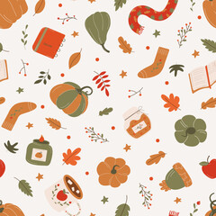 Vector cozy pattern with pumpkins, cup, scarf, book and leaves. Autumn pattern. Cozy autumn