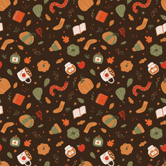 Vector cozy pattern with pumpkins, cup, scarf, book and leaves. Autumn pattern. Cozy autumn