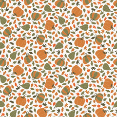 Vector pattern with pumpkins and leaves. Autumn pattern. Season Cozy