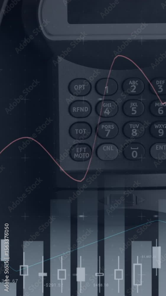 Poster animation of statistics and financial data processing over smartphone and paying terminal