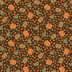 Vector pattern with pumpkins and leaves. Autumn pattern. Season Cozy
