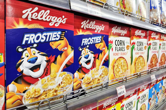 Bangkok, Thailand May 05, 2025 Kelloggs Frosties on shelf. It is a breakfast cereal made of frosted, sugar-glazed corn flakes.
