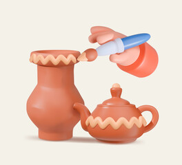 3D Hand Painting Clay Pot and Teapot Illustration