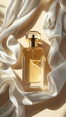 AI image illustration of a cinematic vertical shot of a luxurious transparent glass perfume bottle with golden cap, soft flowing white silk fabric around it.