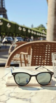 Parisian Cafe Sunglasses: Stylish sunglasses rest on a map, subtly suggesting a journey or exploration, with the Eiffel Tower softly blurred in the background, evoking a sense of Parisian chic.