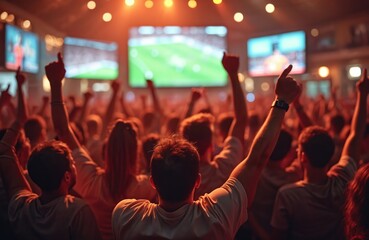 Enthusiastic sports fans cheer watching game bar on TV. People raise arms in excitement, joy, celebrate victory. Friends, crowd, audience enjoy leisure, drinking. Sports bar, pub, night,