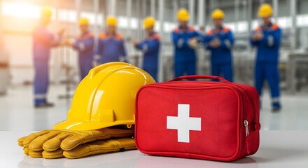 Industrial Safety First Aid Kit, Hard Hat, and Gloves – Ensuring Workplace Well-being and Emergency Preparedness