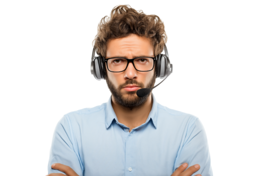 serious customer service representative wearing headset and glasses  isolated on white background