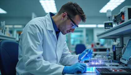Biomedical engineer works with medical devices in modern lab. Scientist wears lab coat, gloves. Man develops tech using tools, prototypes. Focused on research, health, science, innovation. Tech,