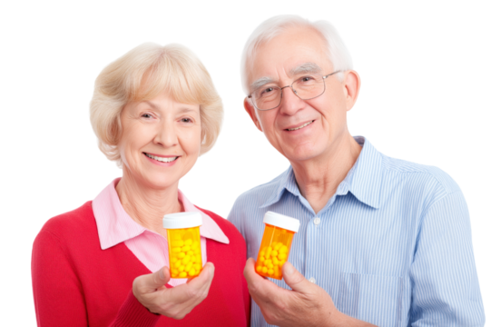Smiling senior couple holding medication bottles isolated on white background - Powered by Adobe