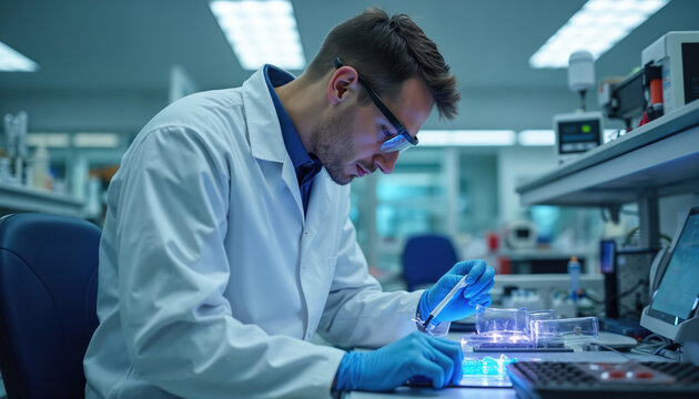Biomedical engineer works with medical devices in modern lab. Scientist wears lab coat, gloves. Man develops tech using tools, prototypes. Focused on research, health, science, innovation. Tech,