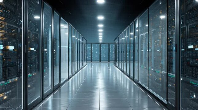 Modern Data Center with Rows of Server Racks in High-Tech Facility