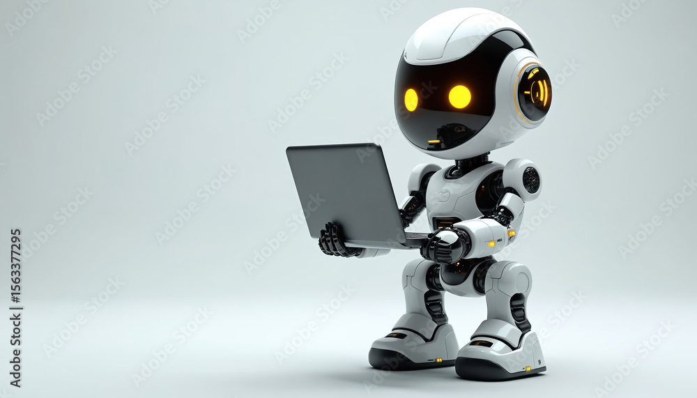 Poster cute robot holding laptop on white background. modern ai tech concept for science, programming, data