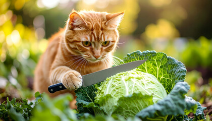 A playful orange cat surprisingly holds a small knife next to a fresh green cabbage in a sunny garden.
